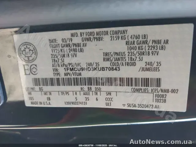 2019 Ford Escape, VIN 1FMCU9HD3KUB70843 — фото 9 (iaai)