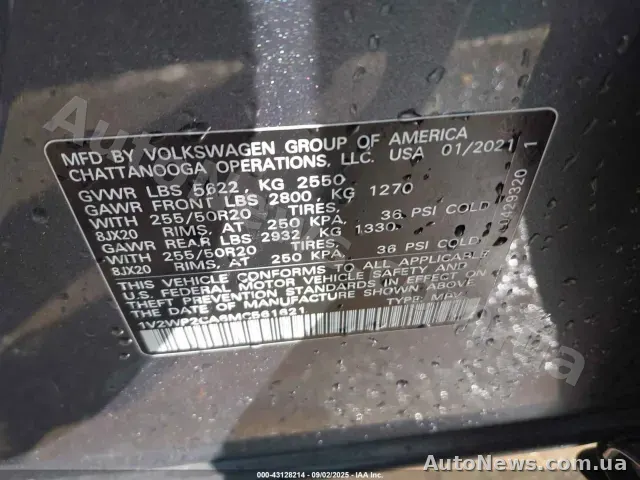2021 Volkswagen Atlas, VIN 1V2WP2CA6MC561621 — zdjęcie 9 (iaai)