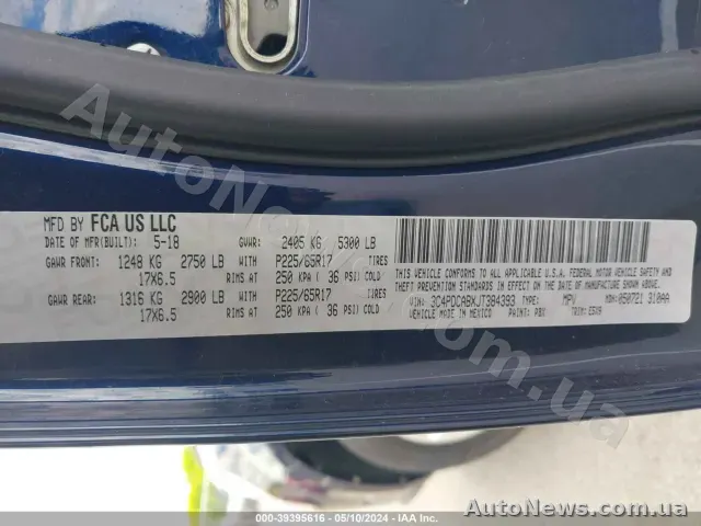 2018 Dodge Journey, VIN 3C4PDCABXJT384393, plate АІ0500ЕК — photo 9 (iaai)