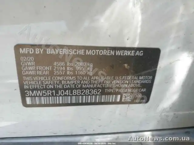2020 BMW 330I, VIN 3MW5R1J04L8B28362 — фото 9 (iaai)