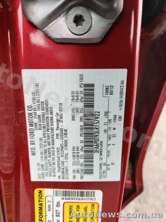 2020 Ford Fusion, VIN 3FA6P0T93LR157922 — фото 13 (copart)