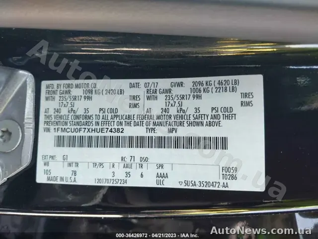 2017 Ford Escape, VIN 1FMCU0F7XHUE74382, plate АВ4495КО — photo 21 (iaai)