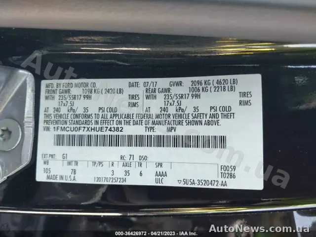 2017 Ford Escape, VIN 1FMCU0F7XHUE74382, plate АВ4495КО — photo 9 (iaai)