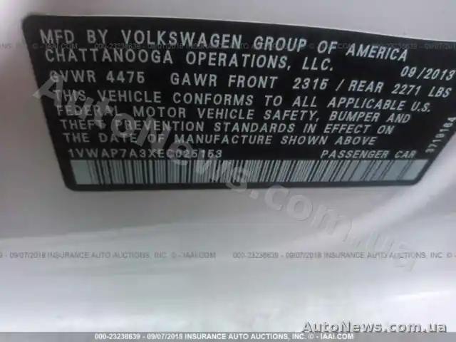 2013 Volkswagen Passat, VIN 1VWAP7A3XEC025153, plate АВ2319ЕН — photo 9 (iaai)