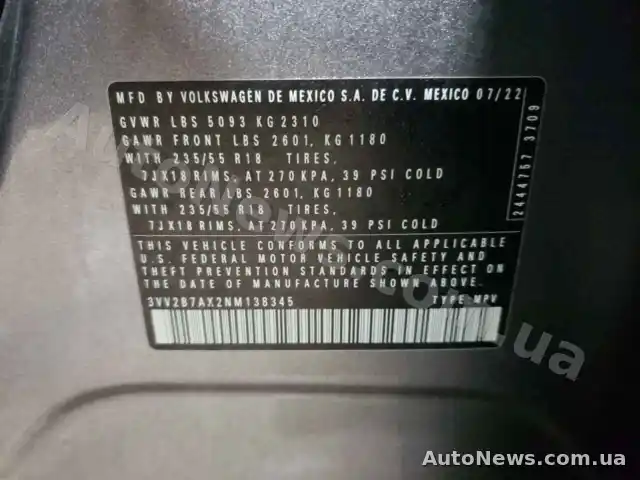 2022 Volkswagen Tiguan, VIN 3VV2B7AX2NM138345, plate КА9949АМ — photo 12 (copart)