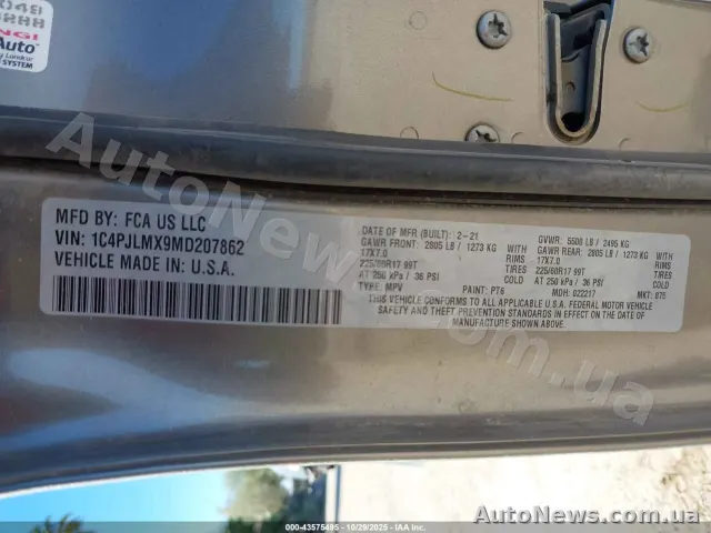 2021 Jeep Cherokee, VIN 1C4PJLMX9MD207862, nr rej. СВ4344СЕ — zdjęcie 9 (iaai)